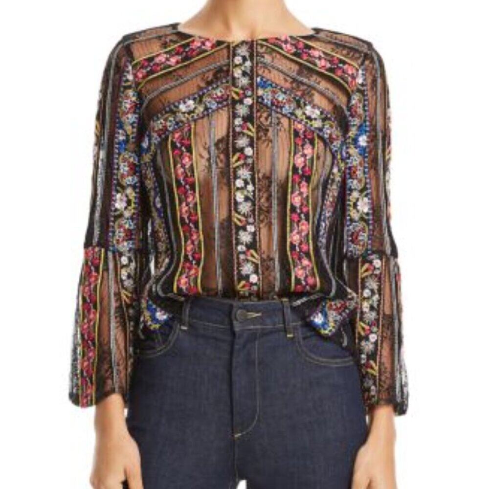 Alice and Olivia Larue Sheer Lace-Inset Top Small - Picture 4 of 10